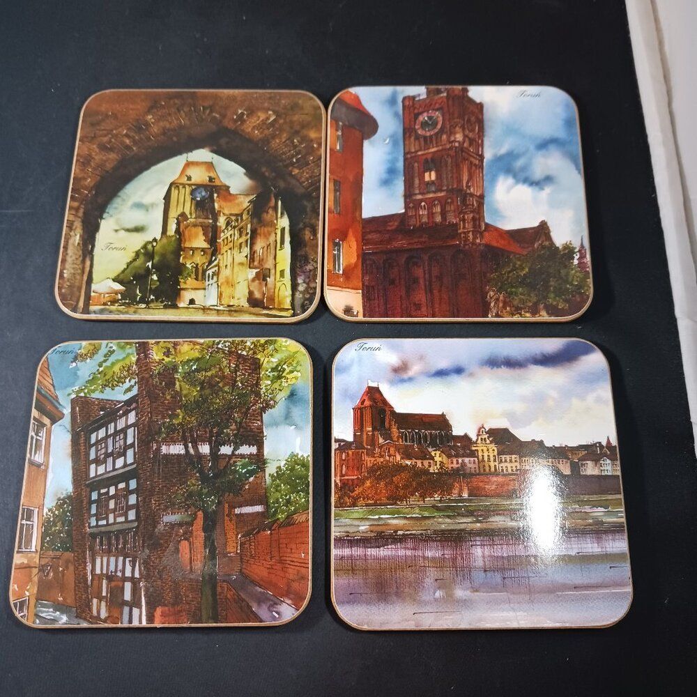 Vintage Torun, Poland Scenery Coasters Cork Drink Mats sets of 4